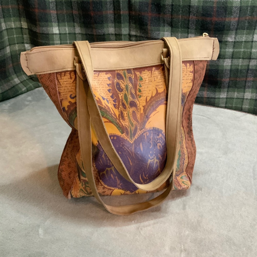 Down Home Leather Hand Painted Heart Snakeskin Trim Tote Bag Tan Purple - Picture 2 of 11
